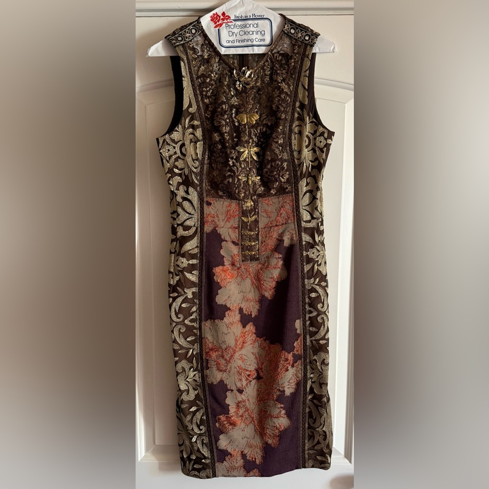 Byron Lars Brown & Gold Midi Dress w/ Metal Insect Embellishment - Anthropologie